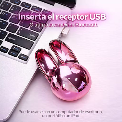 Mouse Inalámbrico Mofii M6 DM - Rosado Metalizado Rabbit Ear | Triple Conexión Bluetooth 2.4G Silencioso