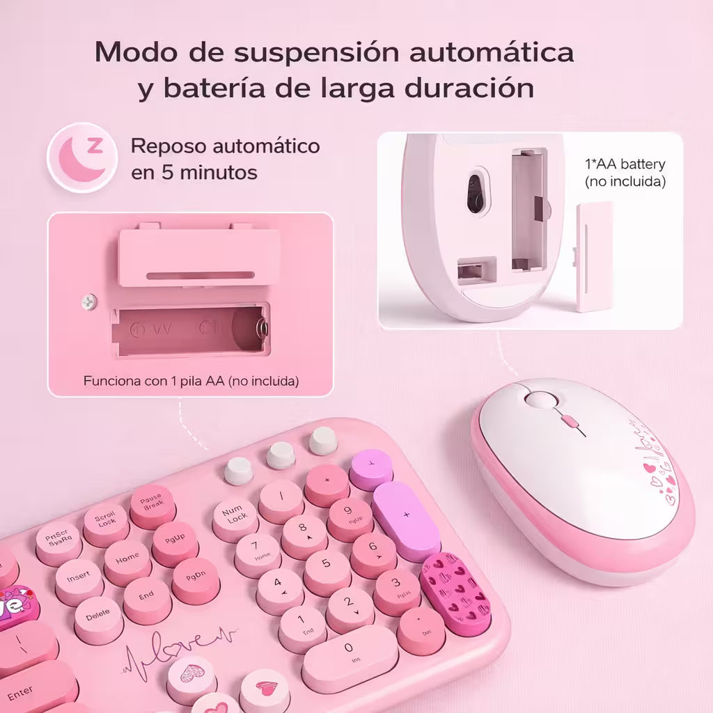 Combo Teclado y Mouse Inalámbrico Mofii Lovely - Rosado | Full-Size 104 Teclas Redondas DPI Ajustable | 2.4G