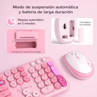 Combo Teclado y Mouse Inalámbrico Mofii Lovely - Rosado | Full-Size 104 Teclas Redondas DPI Ajustable | 2.4G