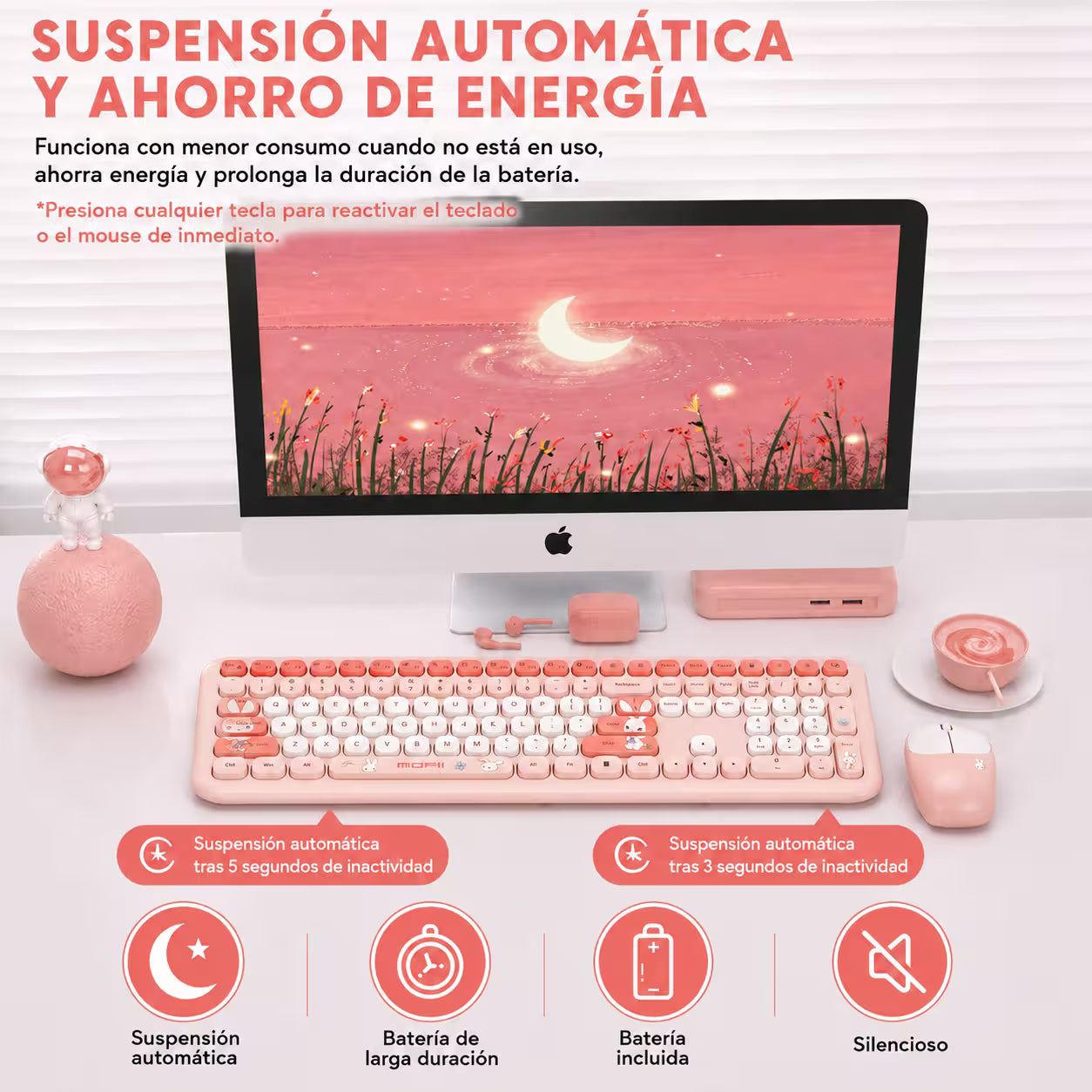Combo Teclado y Mouse Inalámbrico MOFII 66Pro — Rosado | Diseño Kawaii Conejo | 104 Teclas Full-Size | 20 Funciones Multimedia