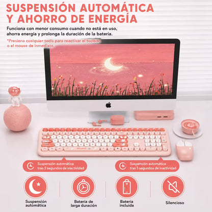 Combo Teclado y Mouse Inalámbrico MOFII 66Pro — Rosado | Diseño Kawaii Conejo | 104 Teclas Full-Size | 20 Funciones Multimedia