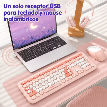 Combo Teclado y Mouse Inalámbrico MOFII 66Pro — Rosado | Diseño Kawaii Conejo | 104 Teclas Full-Size | 20 Funciones Multimedia