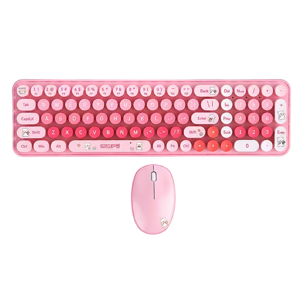 Combo Teclado y Mouse Inalámbrico Baby Bear - Rosado | 100 Teclas Redondas Retro Multicolor | 10m | 2.4G