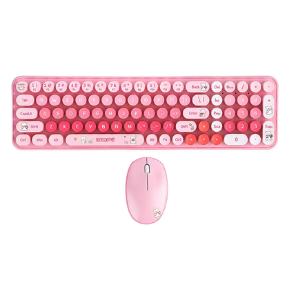 Combo Teclado y Mouse Inalámbrico Baby Bear - Rosado | 100 Teclas Redondas Retro Multicolor | 10m | 2.4G