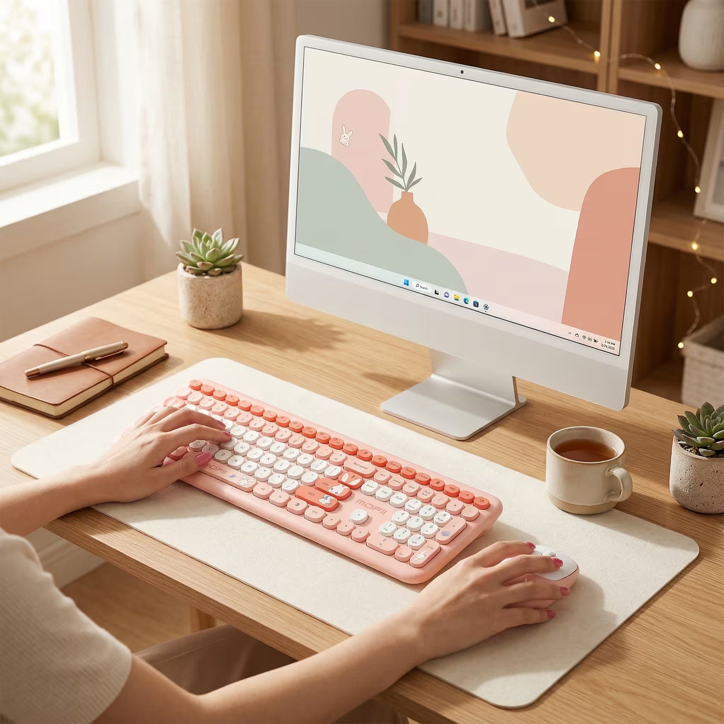 Combo Teclado y Mouse Inalámbrico MOFII 66Pro — Rosado | Diseño Kawaii Conejo | 104 Teclas Full-Size | 20 Funciones Multimedia