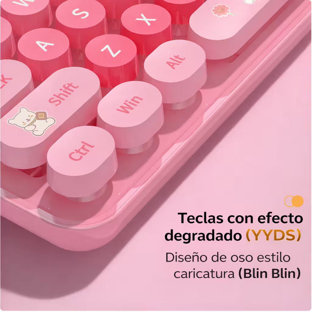 Combo Teclado y Mouse Inalámbrico Baby Bear - Rosado | 100 Teclas Redondas Retro Multicolor | 10m | 2.4G