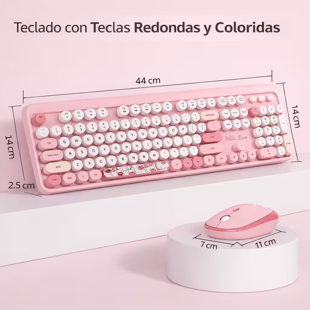 Combo Teclado y Mouse Inalámbrico Geezer Hello Bear - Rosado | Mouse 800/1200/1600 DPI | 10m | 2.4G