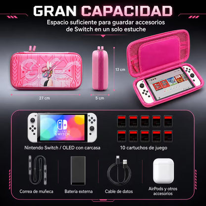 Estuche Rígido Nintendo Switch 1 y OLED – Diseño Rosa Anime | 10 Cartuchos | Bolsillo Malla | Para Ellas