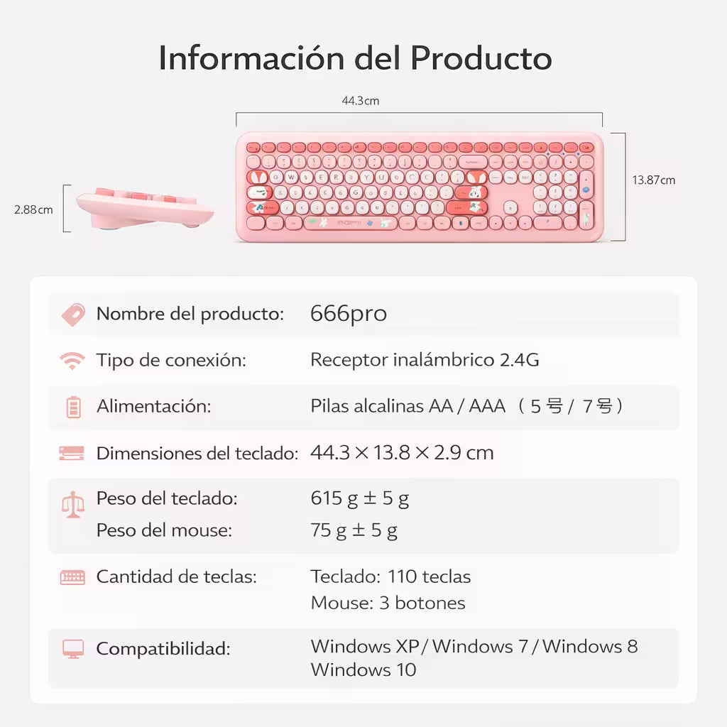 Combo Teclado y Mouse Inalámbrico MOFII 66Pro — Rosado | Diseño Kawaii Conejo | 104 Teclas Full-Size | 20 Funciones Multimedia
