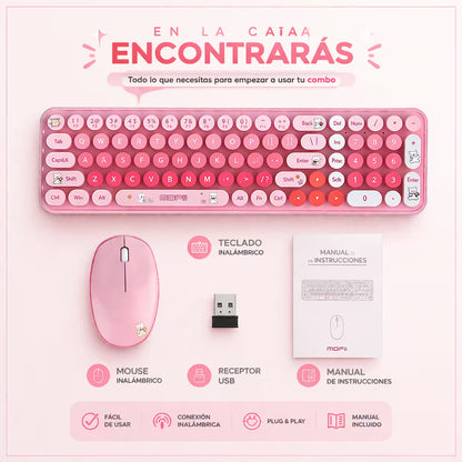 Combo Teclado y Mouse Inalámbrico Baby Bear - Rosado | 100 Teclas Redondas Retro Multicolor | 10m | 2.4G