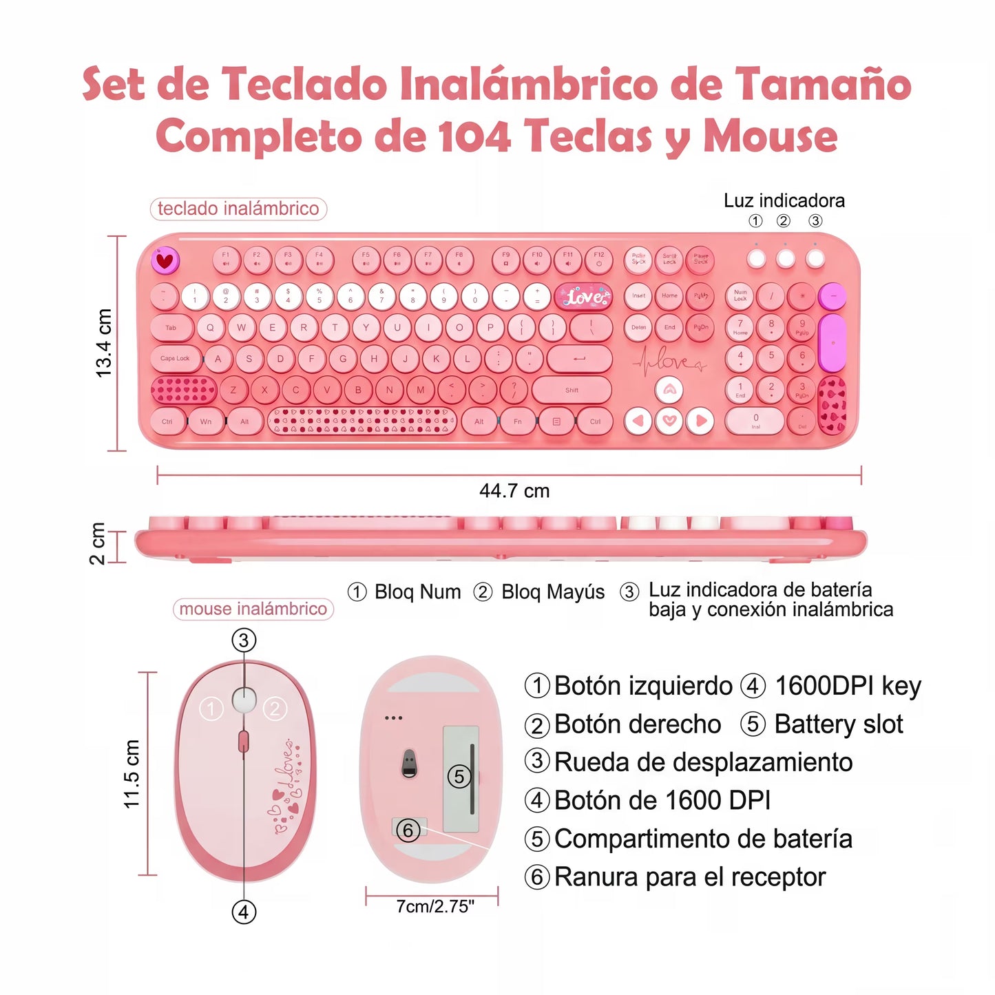 Combo Teclado y Mouse Inalámbrico Mofii Lovely - Rosado | Full-Size 104 Teclas Redondas DPI Ajustable | 2.4G