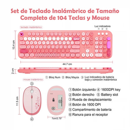 Combo Teclado y Mouse Inalámbrico Mofii Lovely - Rosado | Full-Size 104 Teclas Redondas DPI Ajustable | 2.4G