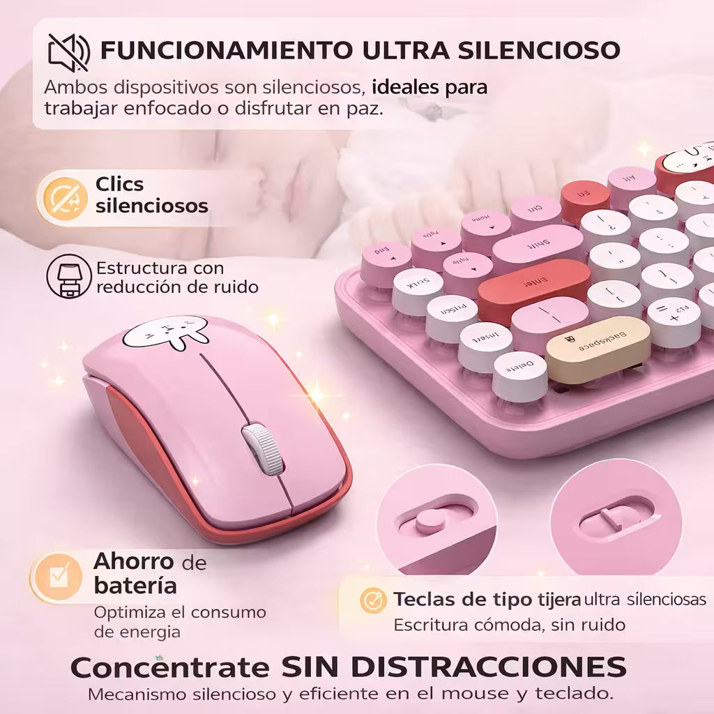 Combo Teclado y Mouse Inalámbrico MOFII I Pro — Rosado Kawaii | 68 Teclas Redondas 2.4G Receptor Único