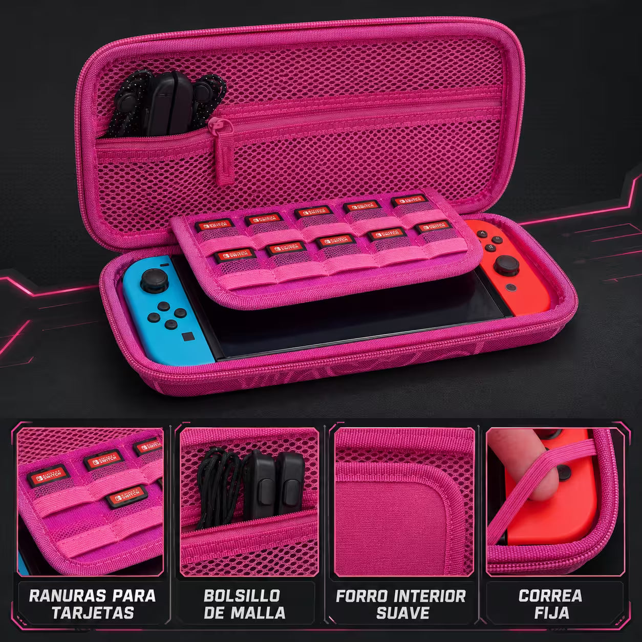 Estuche Rígido Nintendo Switch 1 y OLED – Diseño Rosa Anime | 10 Cartuchos | Bolsillo Malla | Para Ellas
