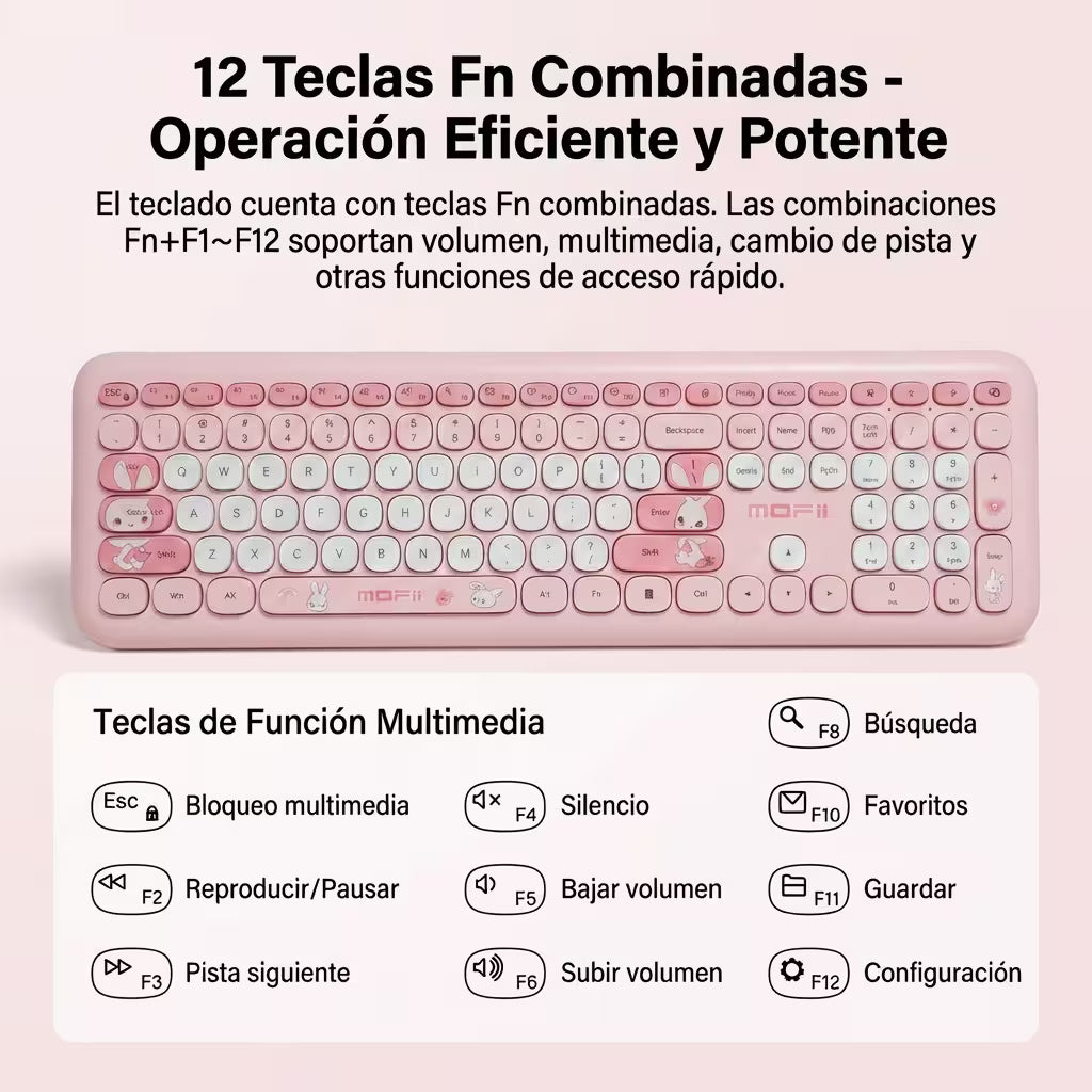 Combo Teclado y Mouse Inalámbrico MOFII 66Pro — Rosado | Diseño Kawaii Conejo | 104 Teclas Full-Size | 20 Funciones Multimedia