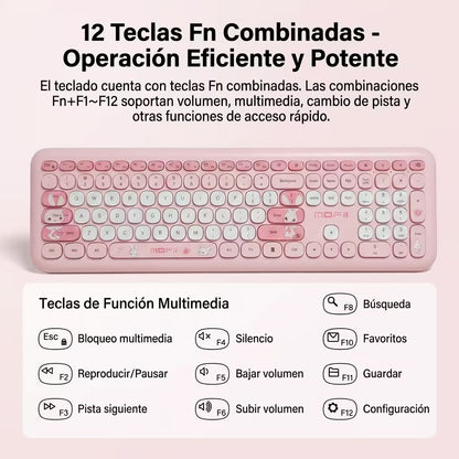 Combo Teclado y Mouse Inalámbrico MOFII 66Pro — Rosado | Diseño Kawaii Conejo | 104 Teclas Full-Size | 20 Funciones Multimedia