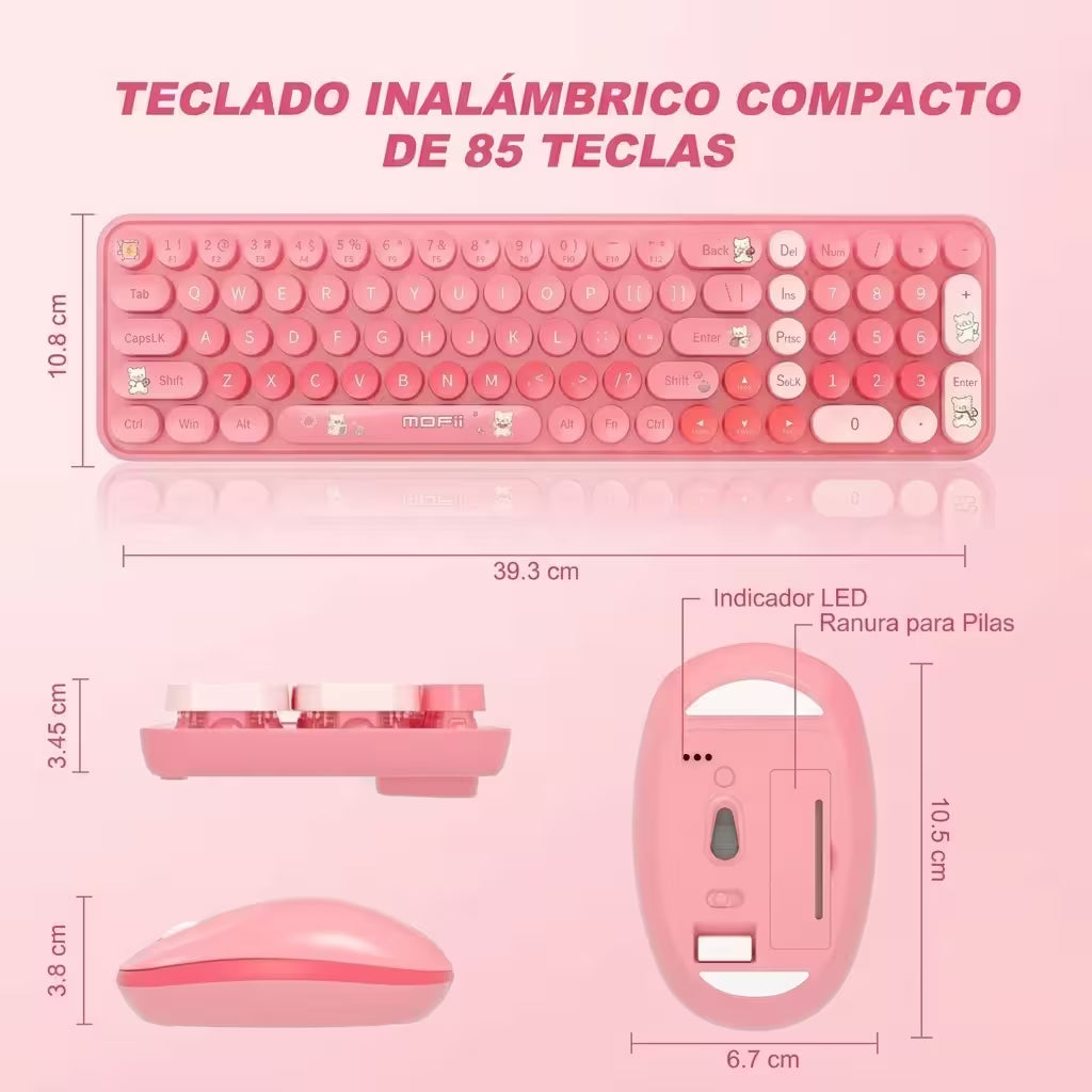 Combo Teclado y Mouse Inalámbrico Baby Bear - Rosado | 100 Teclas Redondas Retro Multicolor | 10m | 2.4G