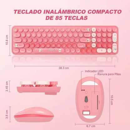 Combo Teclado y Mouse Inalámbrico Baby Bear - Rosado | 100 Teclas Redondas Retro Multicolor | 10m | 2.4G