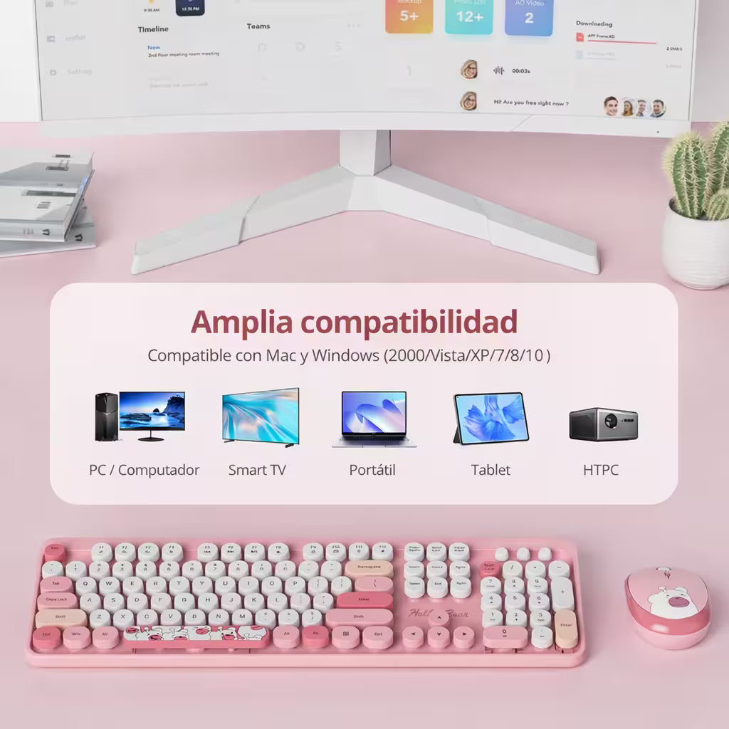 Combo Teclado y Mouse Inalámbrico Geezer Hello Bear - Rosado | Mouse 800/1200/1600 DPI | 10m | 2.4G