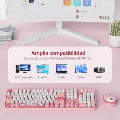 Combo Teclado y Mouse Inalámbrico Geezer Hello Bear - Rosado | Mouse 800/1200/1600 DPI | 10m | 2.4G