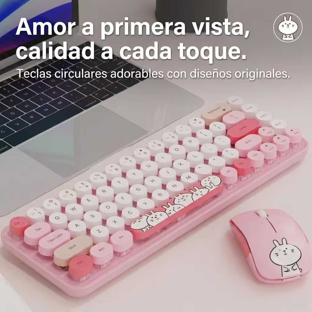 Combo Teclado y Mouse Inalámbrico MOFII I Pro — Rosado Kawaii | 68 Teclas Redondas 2.4G Receptor Único