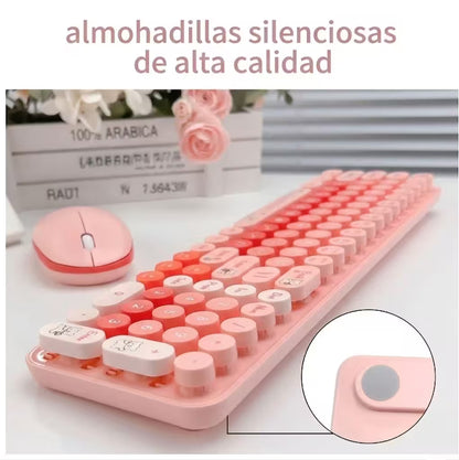 Combo Teclado y Mouse Inalámbrico Baby Bear - Rosado | 100 Teclas Redondas Retro Multicolor | 10m | 2.4G