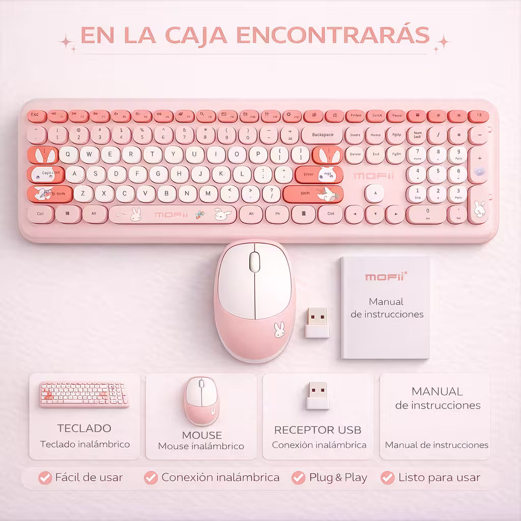 Combo Teclado y Mouse Inalámbrico MOFII 66Pro — Rosado | Diseño Kawaii Conejo | 104 Teclas Full-Size | 20 Funciones Multimedia