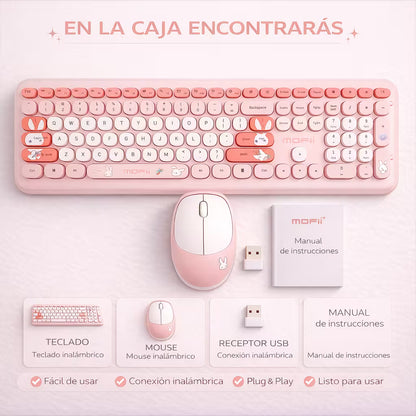 Combo Teclado y Mouse Inalámbrico MOFII 66Pro — Rosado | Diseño Kawaii Conejo | 104 Teclas Full-Size | 20 Funciones Multimedia