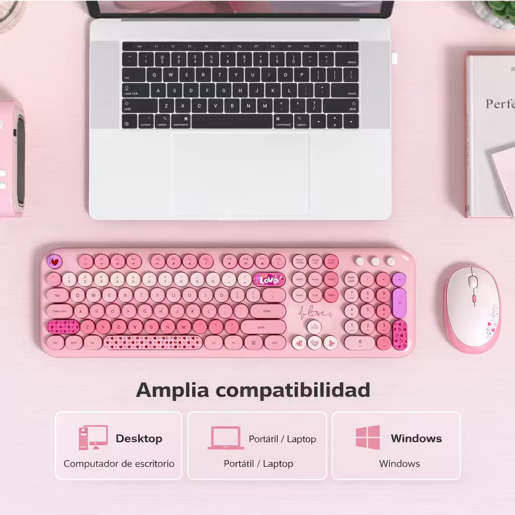 Combo Teclado y Mouse Inalámbrico Mofii Lovely - Rosado | Full-Size 104 Teclas Redondas DPI Ajustable | 2.4G