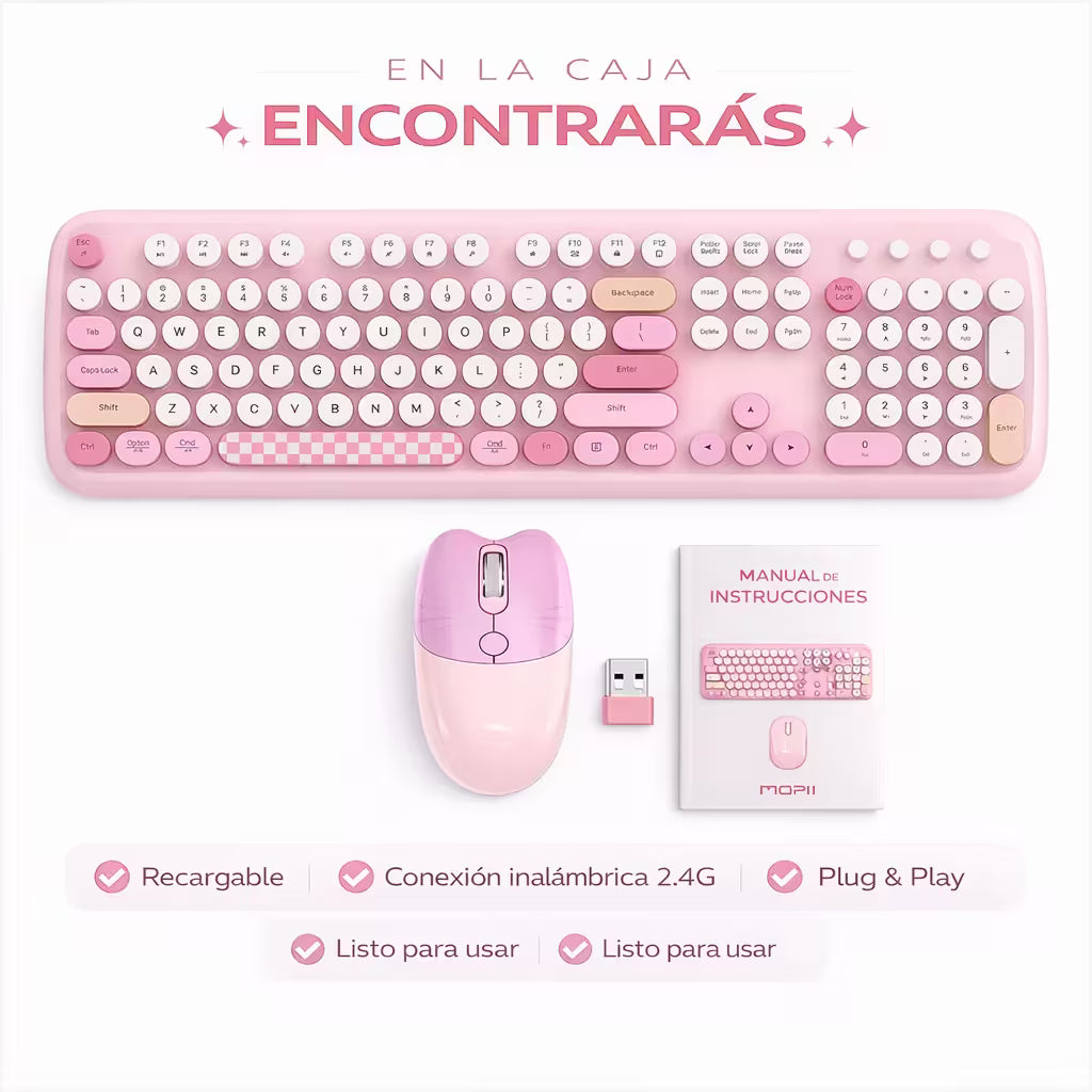Combo Teclado y Mouse Inalámbrico Geezer Zero - Rosado | 104 Teclas Redondas Full-Size | Bajo Ruido | 2.4G