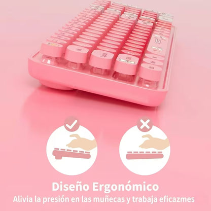Combo Teclado y Mouse Inalámbrico Baby Bear - Rosado | 100 Teclas Redondas Retro Multicolor | 10m | 2.4G