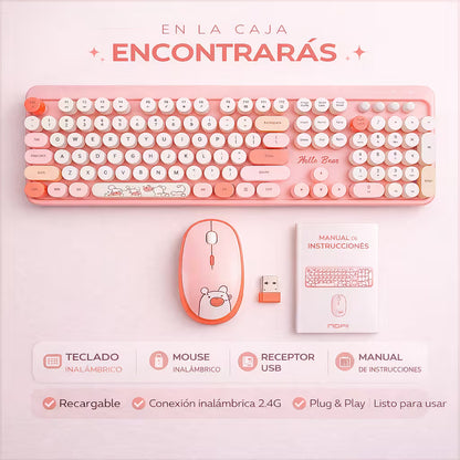Combo Teclado y Mouse Inalámbrico Geezer Hello Bear - Rosado | Mouse 800/1200/1600 DPI | 10m | 2.4G