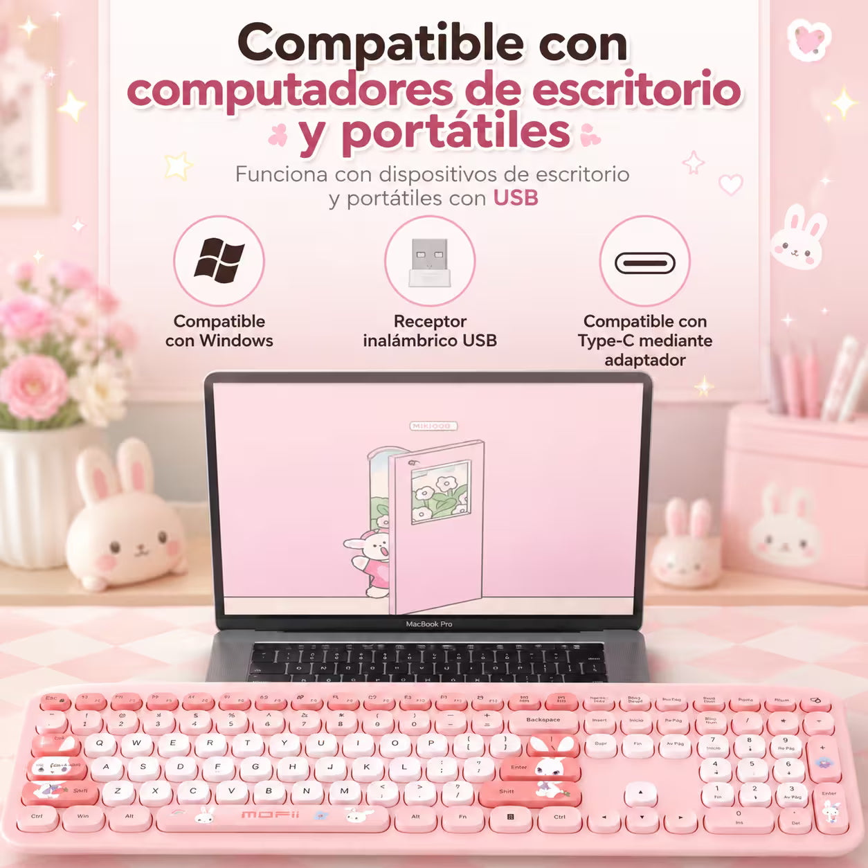 Combo Teclado y Mouse Inalámbrico MOFII 66Pro — Rosado | Diseño Kawaii Conejo | 104 Teclas Full-Size | 20 Funciones Multimedia