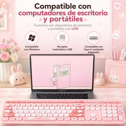 Combo Teclado y Mouse Inalámbrico MOFII 66Pro — Rosado | Diseño Kawaii Conejo | 104 Teclas Full-Size | 20 Funciones Multimedia
