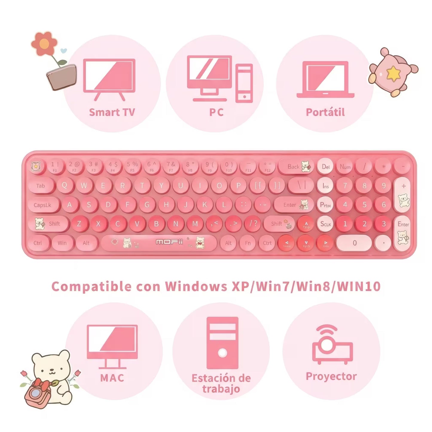 Combo Teclado y Mouse Inalámbrico Baby Bear - Rosado | 100 Teclas Redondas Retro Multicolor | 10m | 2.4G