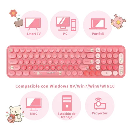Combo Teclado y Mouse Inalámbrico Baby Bear - Rosado | 100 Teclas Redondas Retro Multicolor | 10m | 2.4G