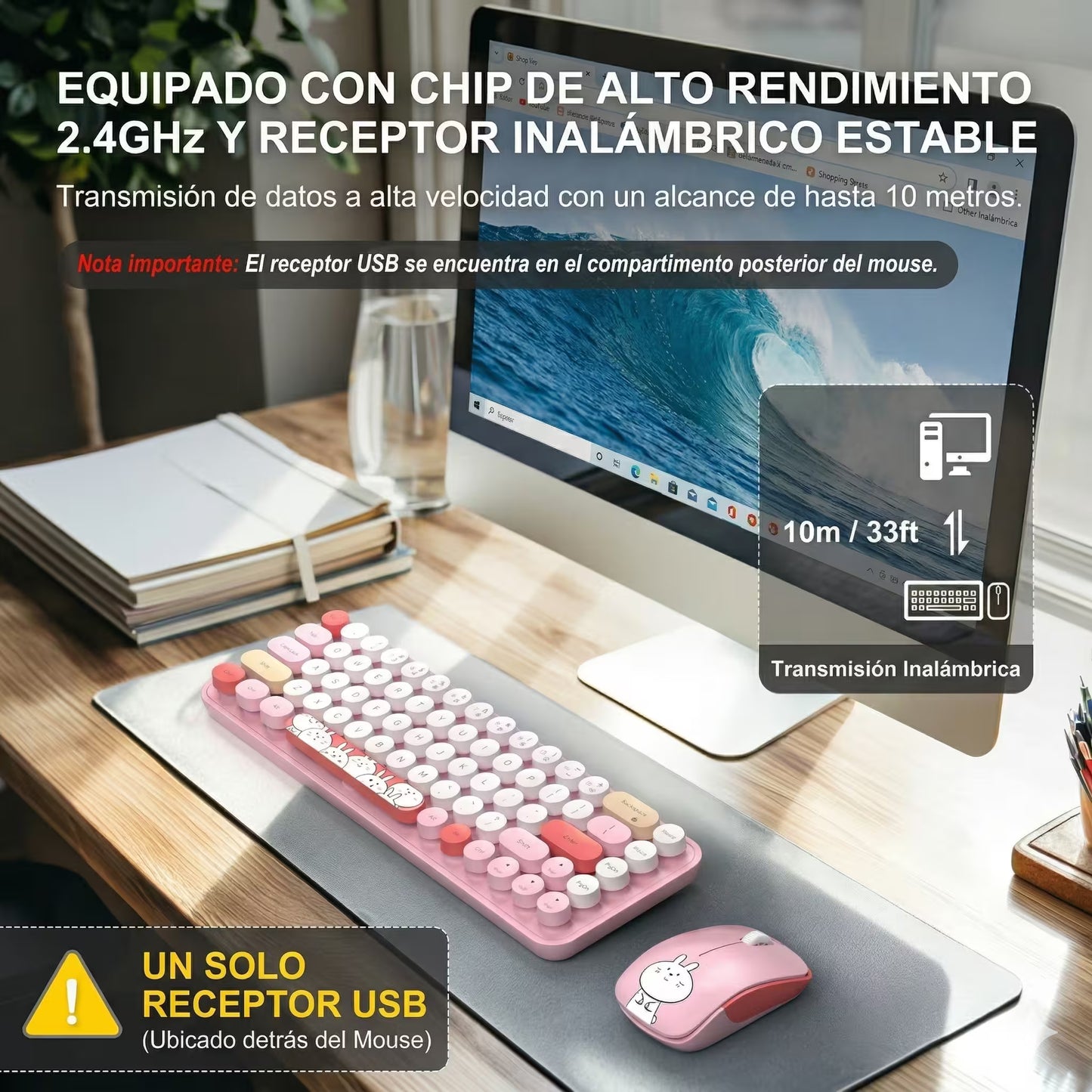 Combo Teclado y Mouse Inalámbrico MOFII I Pro — Rosado Kawaii | 68 Teclas Redondas 2.4G Receptor Único
