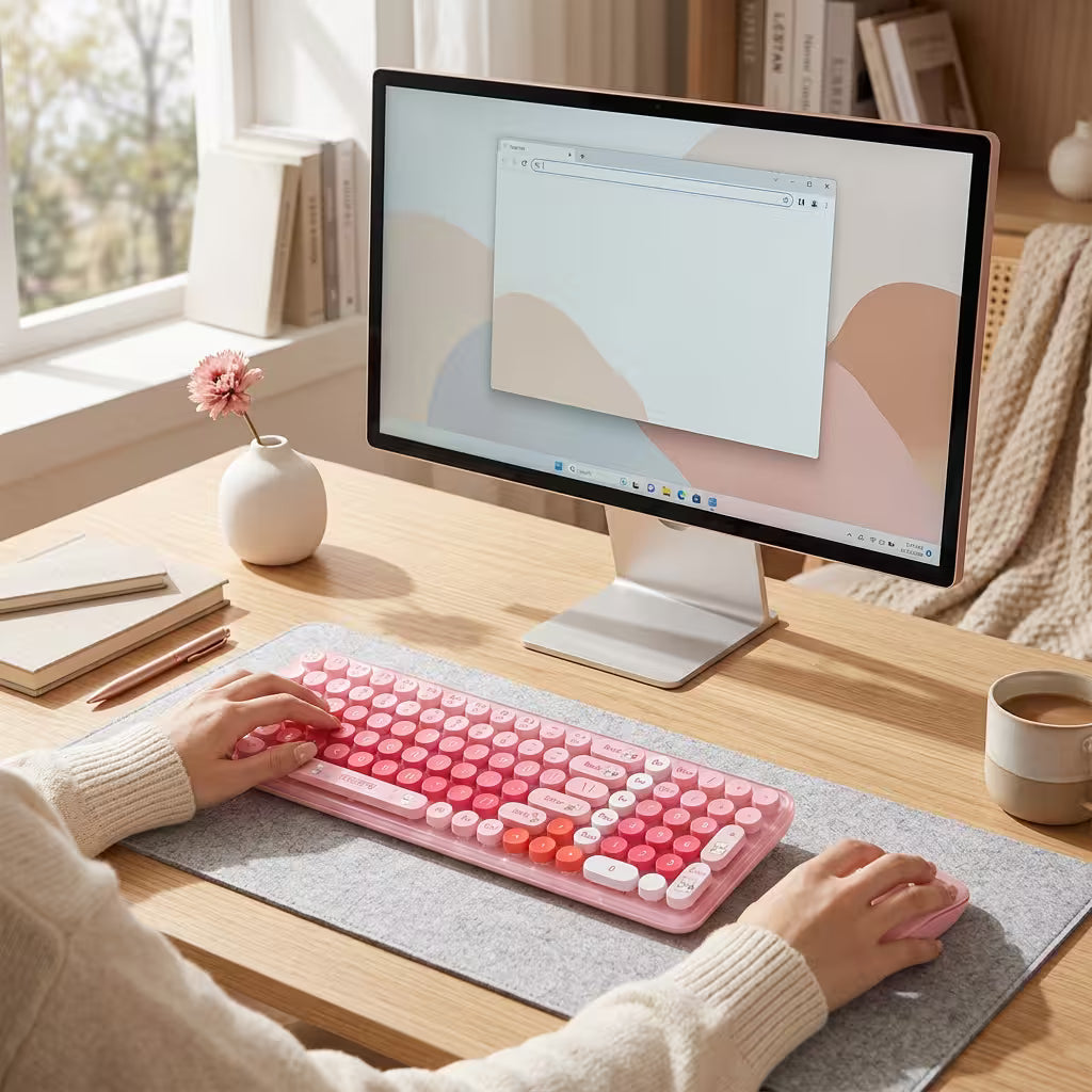 Combo Teclado y Mouse Inalámbrico Baby Bear - Rosado | 100 Teclas Redondas Retro Multicolor | 10m | 2.4G