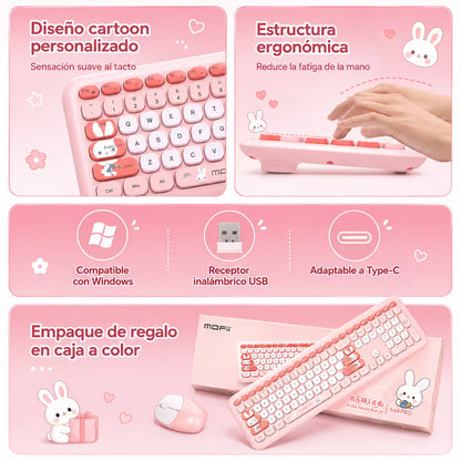 Combo Teclado y Mouse Inalámbrico MOFII 66Pro — Rosado | Diseño Kawaii Conejo | 104 Teclas Full-Size | 20 Funciones Multimedia