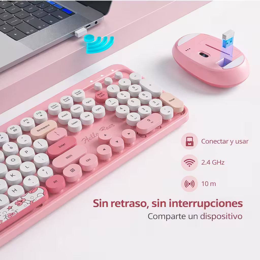 Combo Teclado y Mouse Inalámbrico Geezer Hello Bear - Rosado | Mouse 800/1200/1600 DPI | 10m | 2.4G