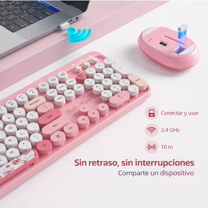 Combo Teclado y Mouse Inalámbrico Geezer Hello Bear - Rosado | Mouse 800/1200/1600 DPI | 10m | 2.4G