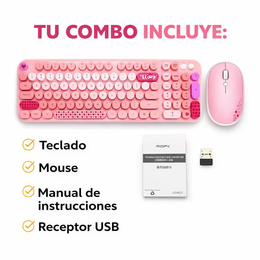 Combo Teclado y Mouse Inalámbrico Mofii Lovely - Rosado | Full-Size 104 Teclas Redondas DPI Ajustable | 2.4G