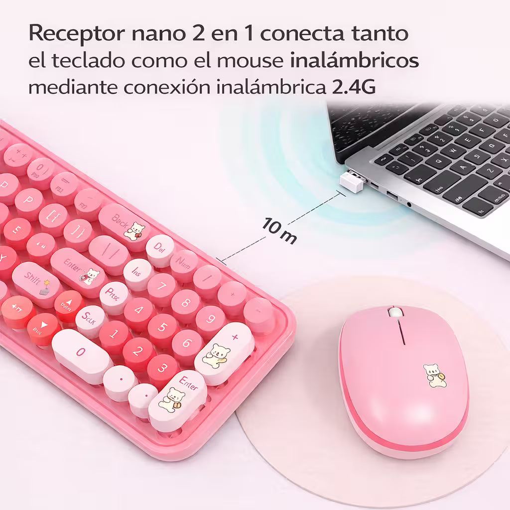 Combo Teclado y Mouse Inalámbrico Baby Bear - Rosado | 100 Teclas Redondas Retro Multicolor | 10m | 2.4G