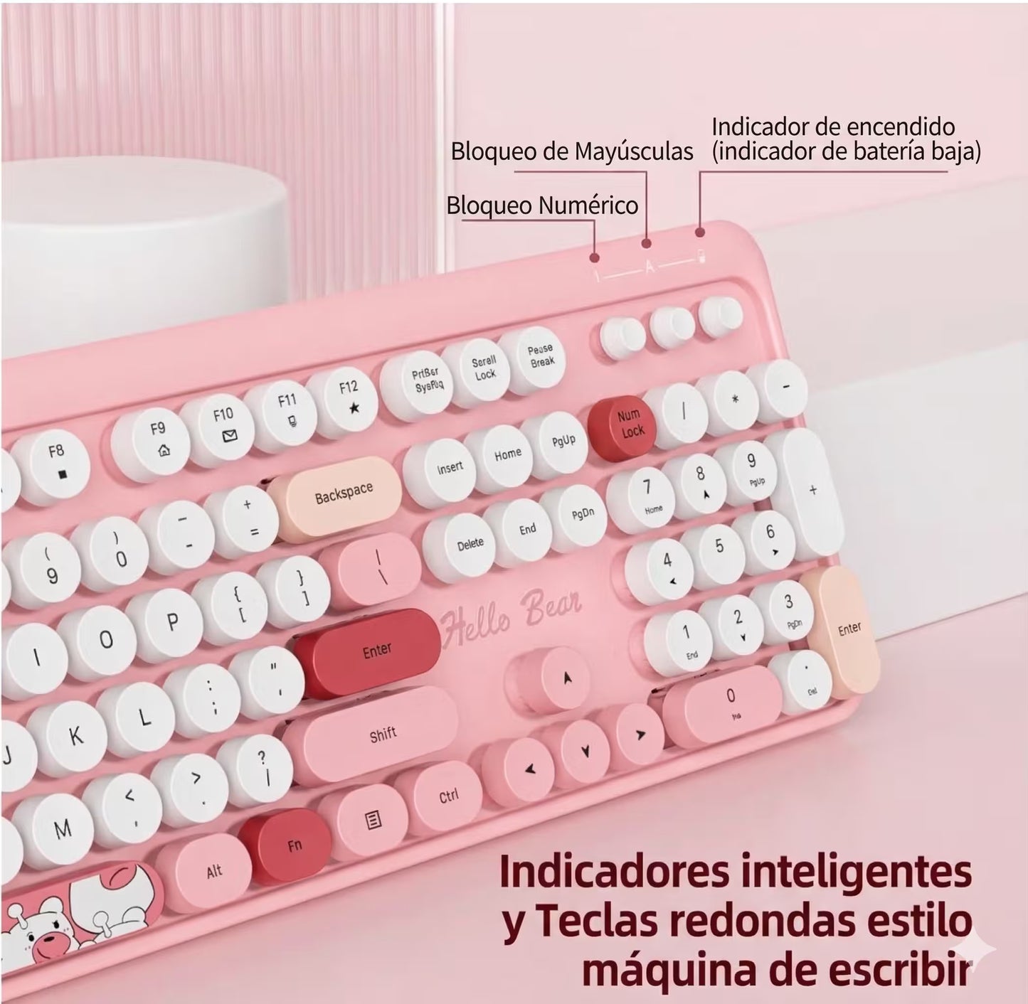 Combo Teclado y Mouse Inalámbrico Geezer Hello Bear - Rosado | Mouse 800/1200/1600 DPI | 10m | 2.4G