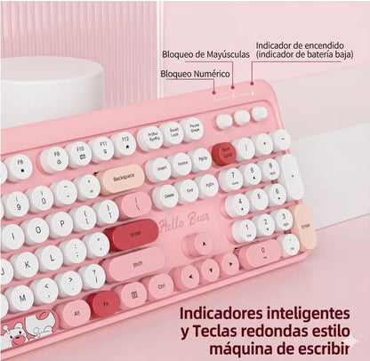 Combo Teclado y Mouse Inalámbrico Geezer Hello Bear - Rosado | Mouse 800/1200/1600 DPI | 10m | 2.4G