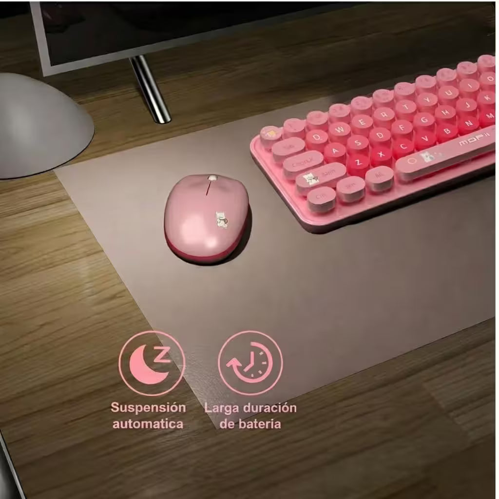 Combo Teclado y Mouse Inalámbrico Baby Bear - Rosado | 100 Teclas Redondas Retro Multicolor | 10m | 2.4G