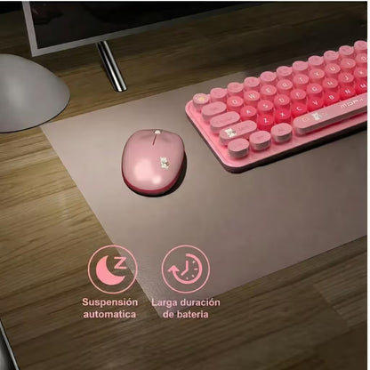 Combo Teclado y Mouse Inalámbrico Baby Bear - Rosado | 100 Teclas Redondas Retro Multicolor | 10m | 2.4G