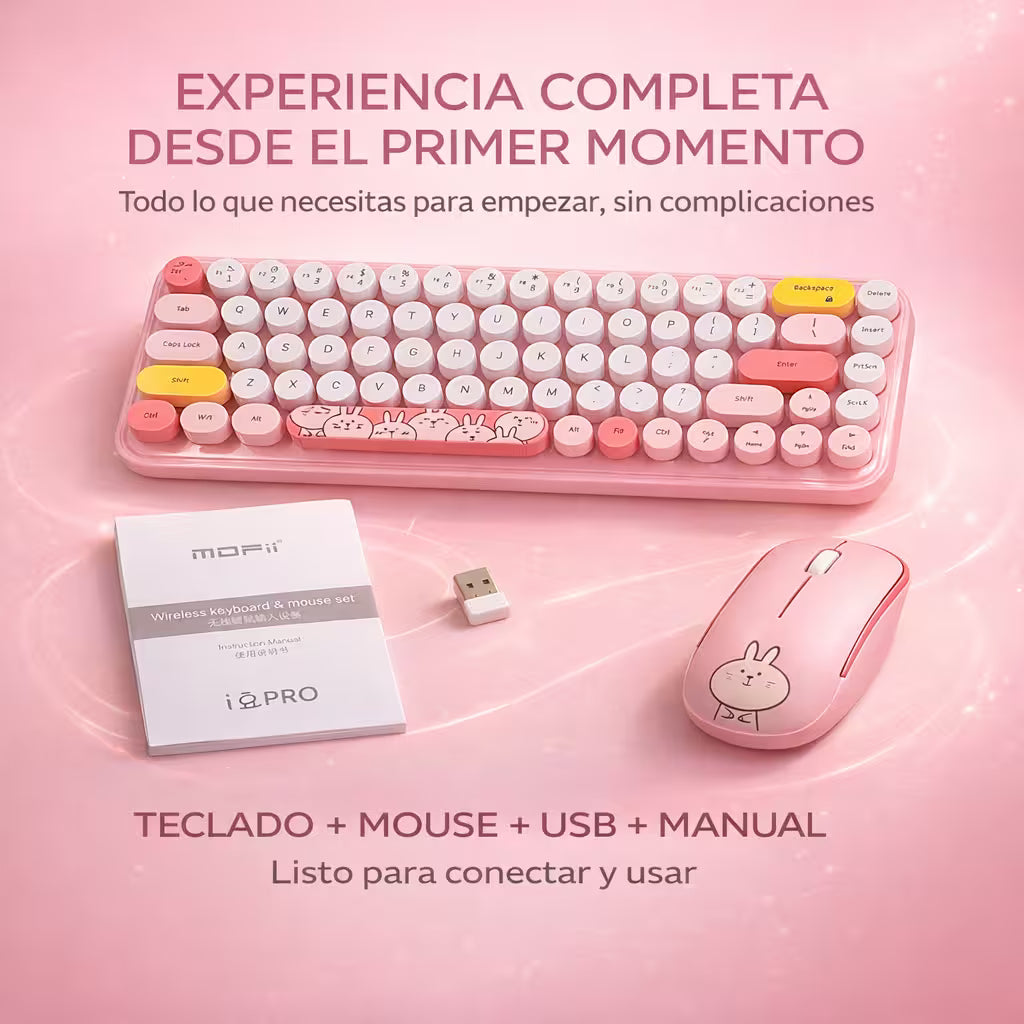 Combo Teclado y Mouse Inalámbrico MOFII I Pro — Rosado Kawaii | 68 Teclas Redondas 2.4G Receptor Único