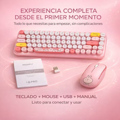 Combo Teclado y Mouse Inalámbrico MOFII I Pro — Rosado Kawaii | 68 Teclas Redondas 2.4G Receptor Único