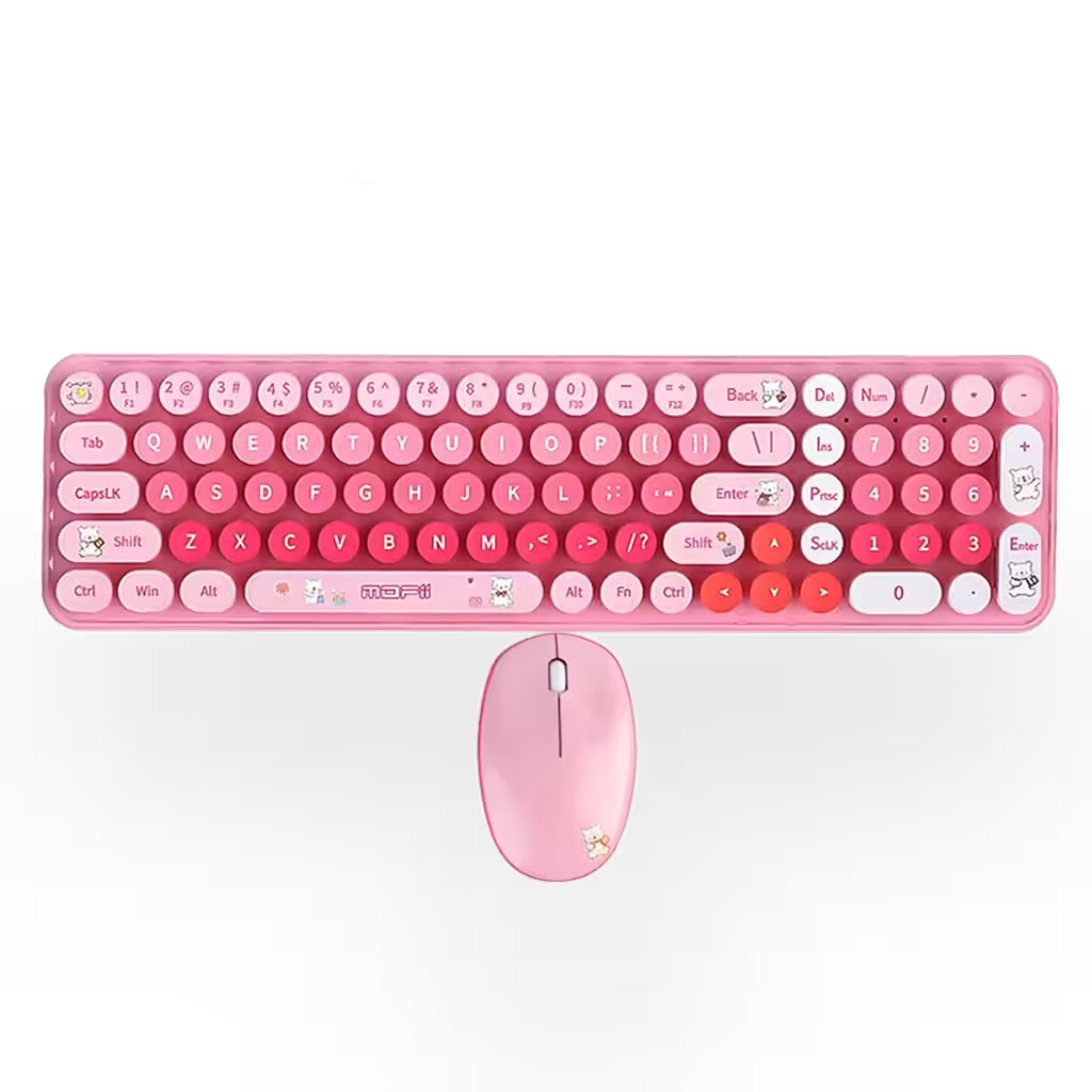 Combo Teclado y Mouse Inalámbrico Baby Bear - Rosado | 100 Teclas Redondas Retro Multicolor | 10m | 2.4G